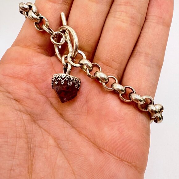 VTG Sterling Silver 925 Amethyst Round Link Bracelet Toggle Clasp Size 8" Length - Picture 2 of 12